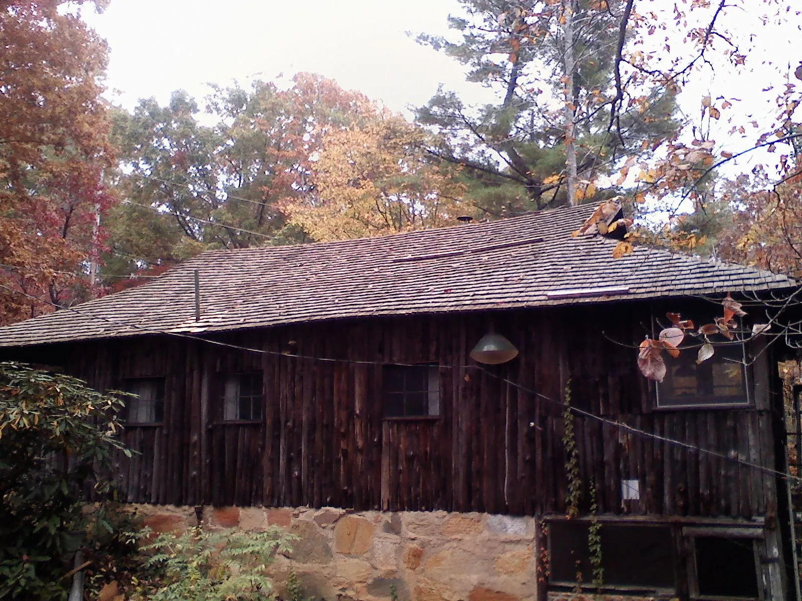 Weathered wood shake roof on a rustic board sided cabin in Marble Hill